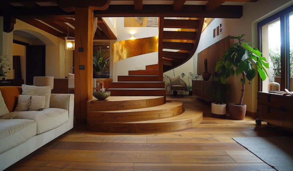 photorealistic timber house interior with wooden decor furnishings